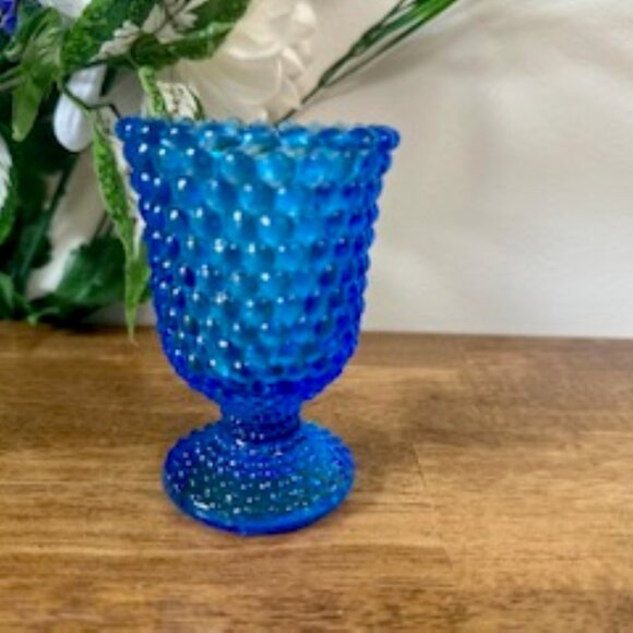 Vintage Blue Hobnail Glass Goblet Cobalt Textured Pressed Glass Stemware Barware - Picture 2 of 7